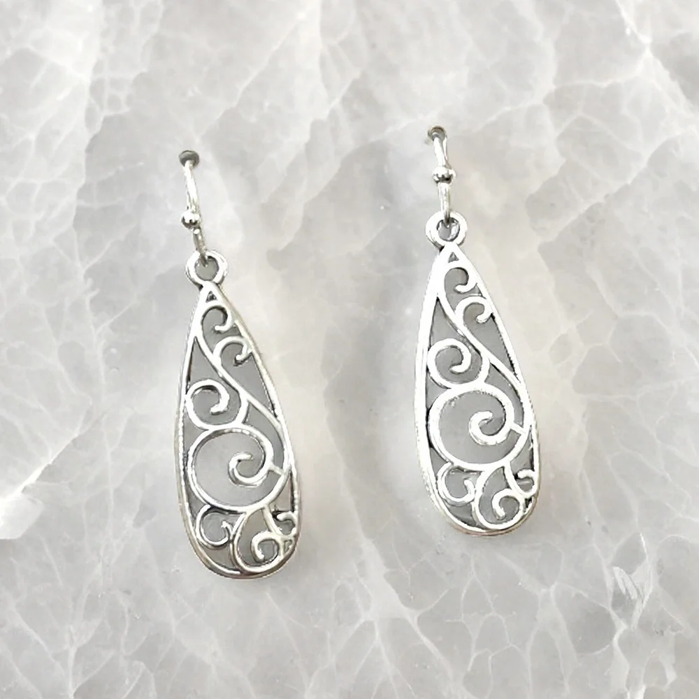 Vintage Style Silver Tone Hoop Dangle Earrings